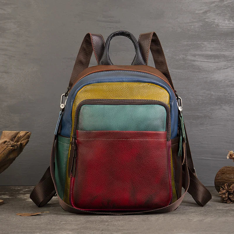 Patchwork Genuine Leather Backpack Women Cowhide Multicolor