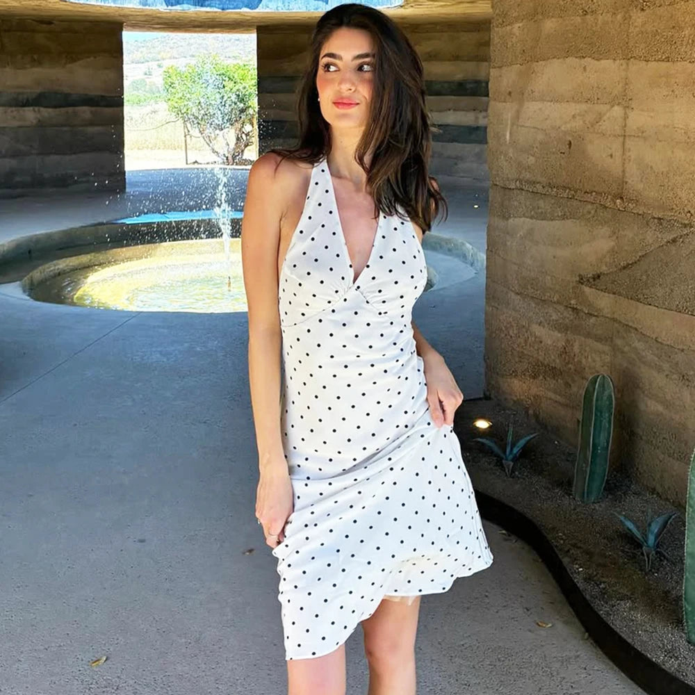 Tuularose Polka Dot Hanging Neck Long Dress Women Elegant Strapless Sexy Lace-up Sleeveless Backless Fashion Club Party Dresses