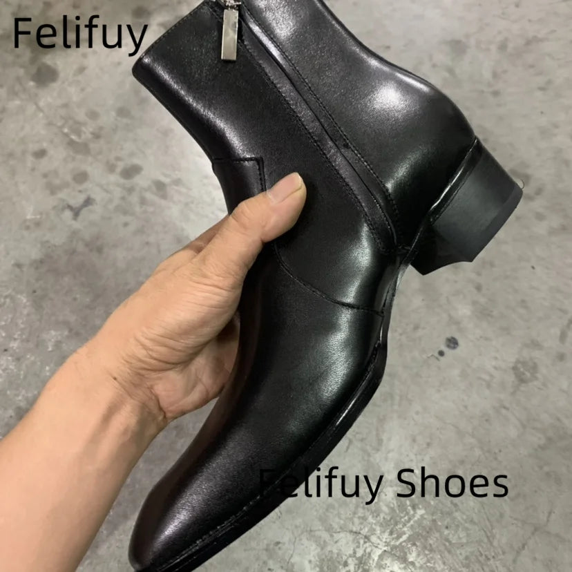 Men's Genuine Leather Ankle Boots - Handmade Pointed Toe Zip Medium Heel Business Style