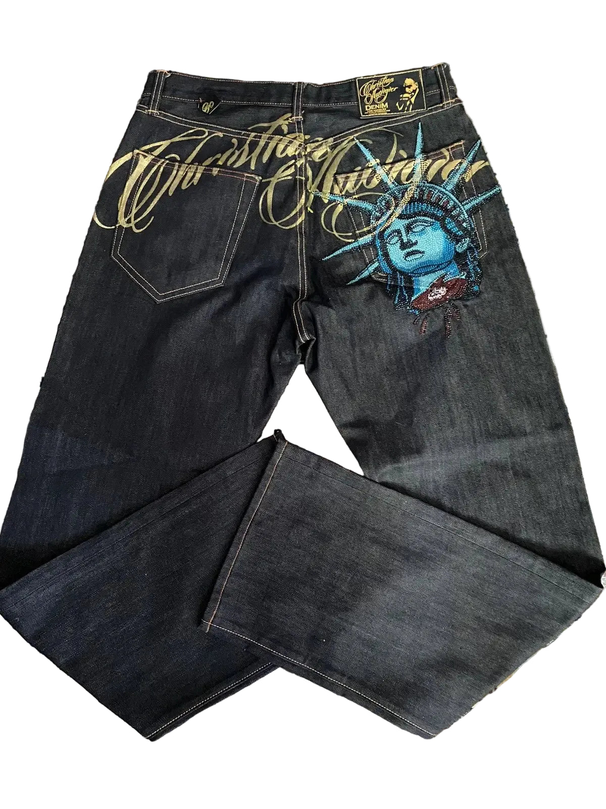 Y2K Vintage Statue of Liberty Rhinestone Jeans - High Waist Wide Leg