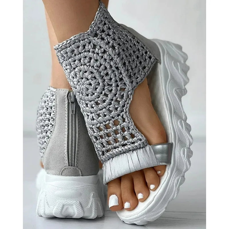 Hot Seller Gold Knitted Sandals for Women Braided Elastic Summer Shoe Mesh Flat Bottom Hollow Out Female Sandals Sandalias Mujer