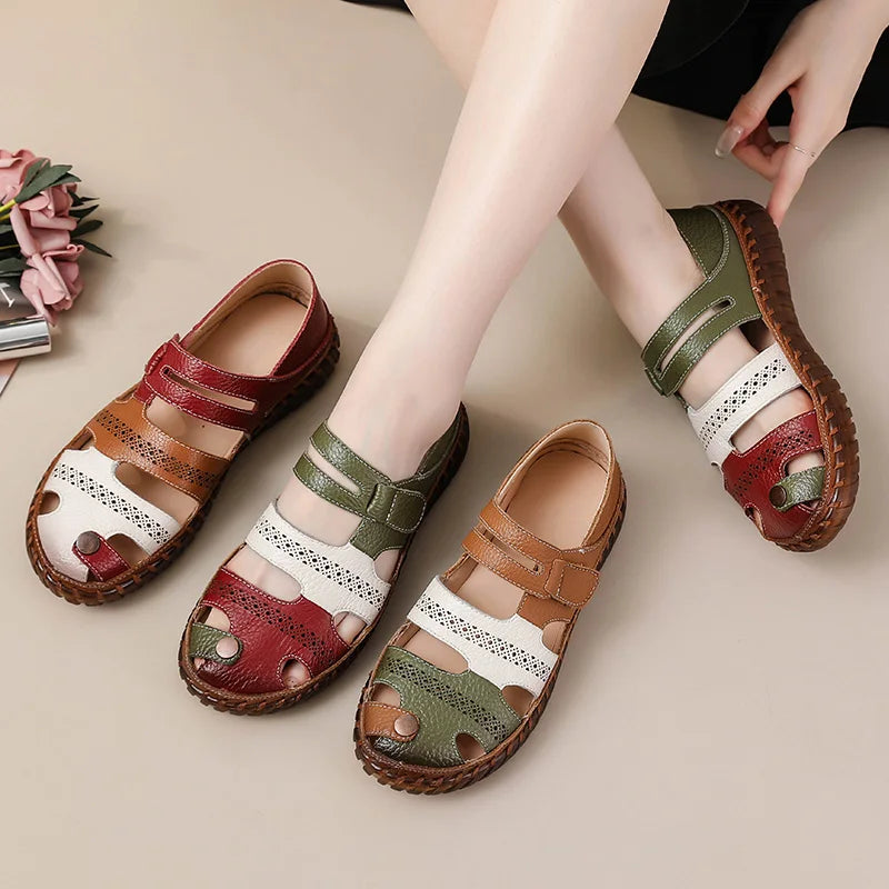 New patches gladiator sandals women's handmade bohemian shoes big size 43 woman real leather sandal ladies patchwork strap flats