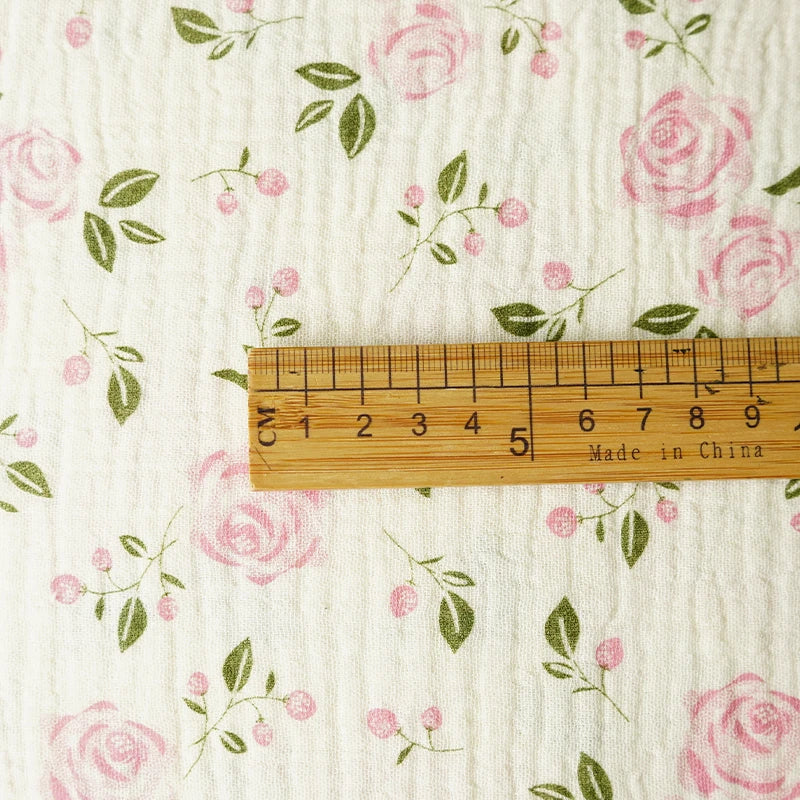 135x50CM Pink Rose Flower Printed Pure Cotton Double-layer Crepe Fabric For Kids Clothes, Household Cloth DIY Fabric YHTJ0137