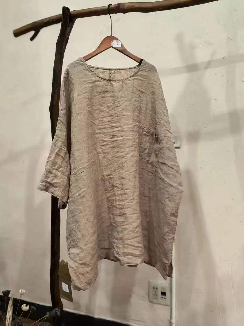 Spring Summer Arts Style Women O-neck Batwing Sleeve Casual Tops Tees Good Quality Cotton Linen Vintage Loose Long T-shirt T2513