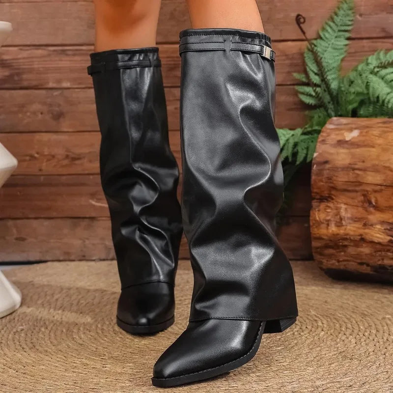 Folding Wide-Leg Knee-High Boots – Thick Sole Square Heel