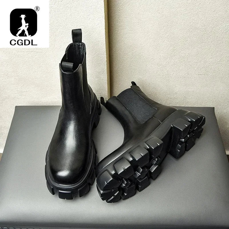 Men's Genuine Leather Platform Ankle Boots - Pointed Toe Zip Winter Boots British Style