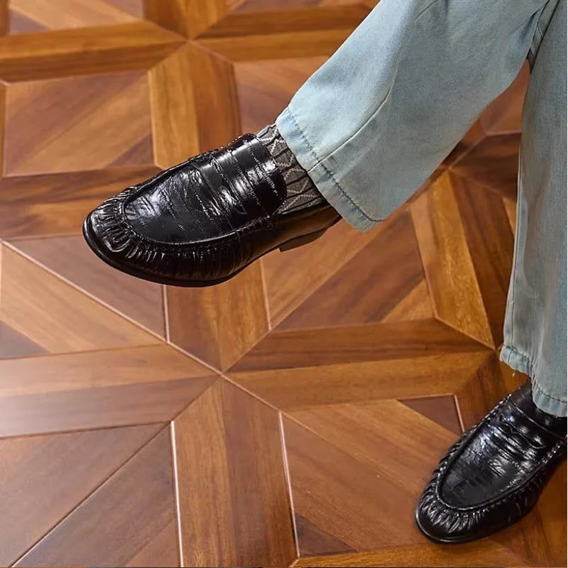 Men's Genuine Leather Loafers - Vintage Pleated Pointed Toe Slip-On Handmade