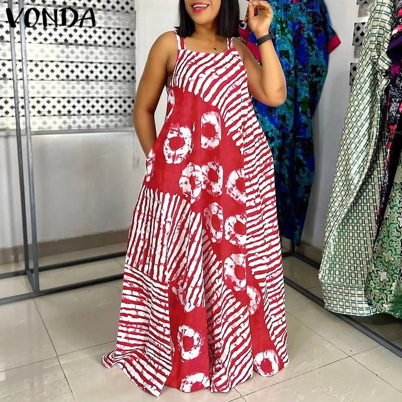 VONDA Plus Size 5XL Summer Bohemian Printed Maxi Dresses Sleeveless Party Beach Sundress Tank Long Vestido Casual Holiday Robe