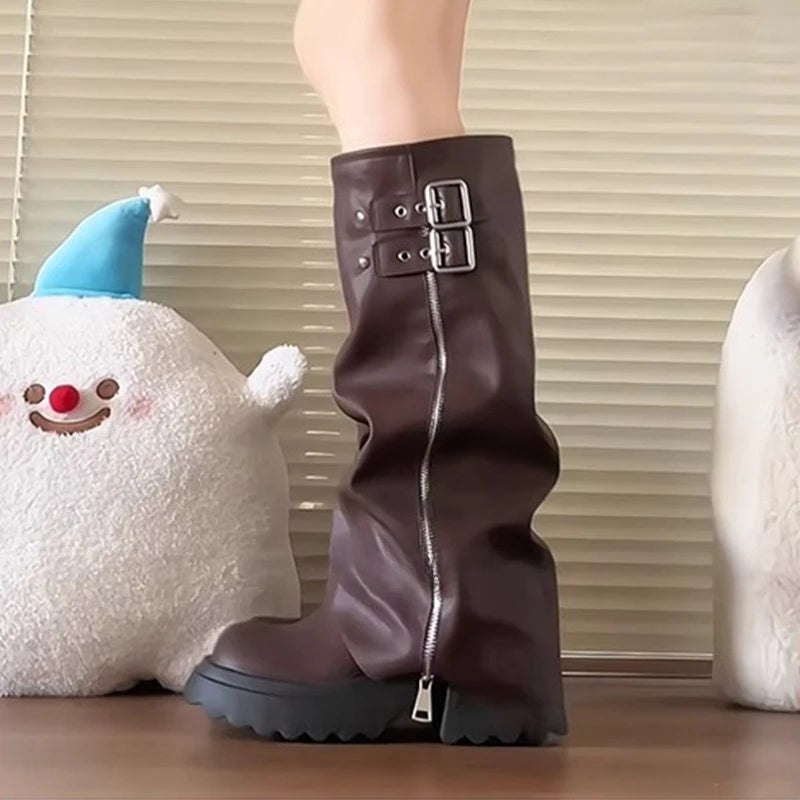 Pleated Knee-High Riding Boots – Square Heel