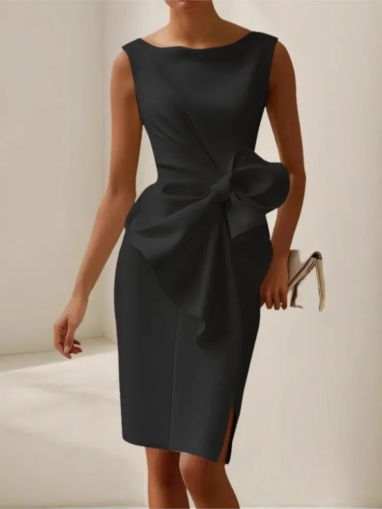 Elegant Solid Bow Dress For Women Fashion Sleeveless O Neck Slim Package Hip Dresses Lady Formal Evening Party Women's Clothing