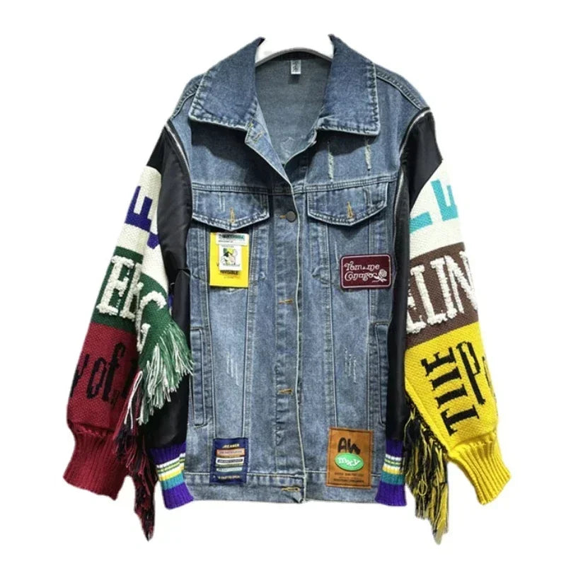 Embroidered Denim Jacket - Knitted Sleeves & Tassels