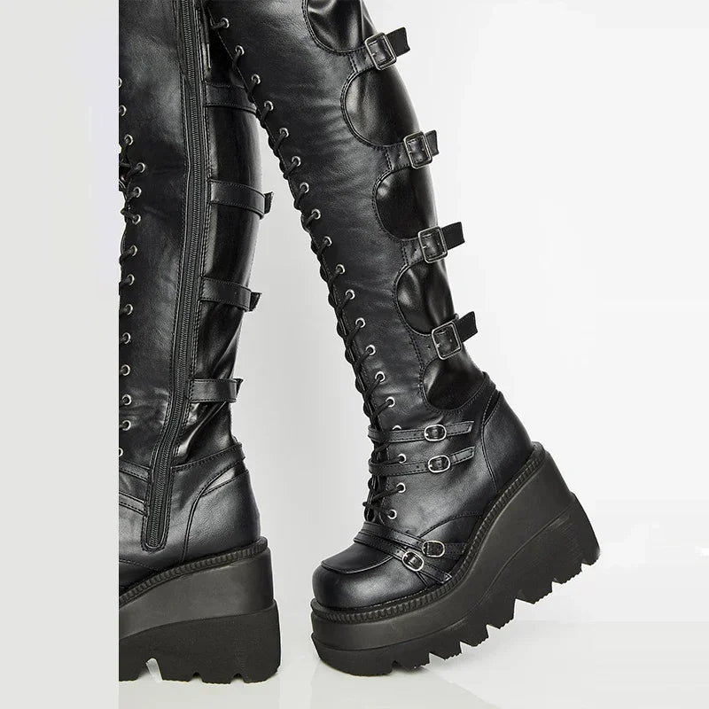Punk Over-Knee Platform Boots – Belt Buckle Goth