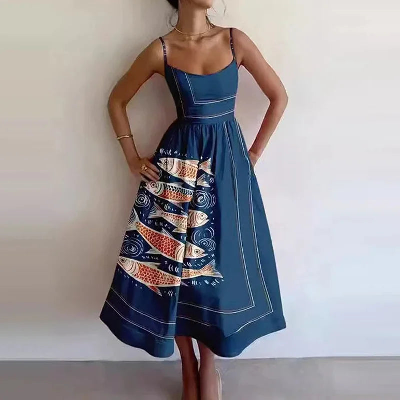 Retro Luxury Sardines Dress For Women Sexy Hand-Painted Printed Elegant Vest Summer 2025 Ladies Tight Chic Strap Long Dress