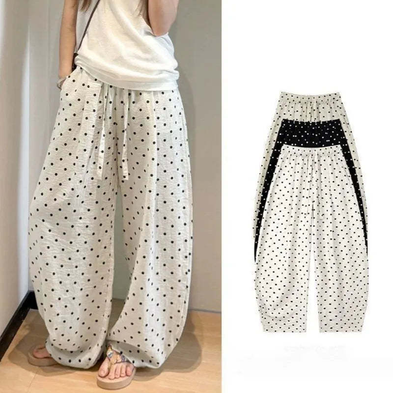 POLKA DOT LINEN WIDE-LEG PANTS - Drawstring High Waist, Loose Fit - Easy Summer