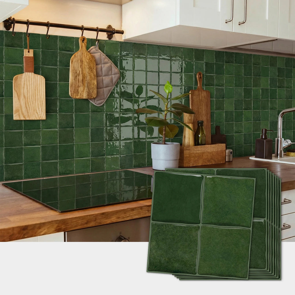 Dark Green Wall Tile Stickers Self-Adhesive PET+PU Waterproof Peel and Stick Backsplash for Kitchen Bathroom Home Decoration