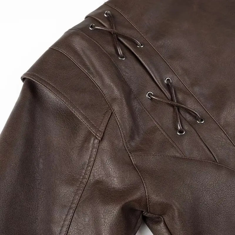 Mauroicardi Spring Autumn Short Retro Brown Pu Leather Jacket Women Sashes Lace Up Luxury Designer Emo Clothes European Fashion