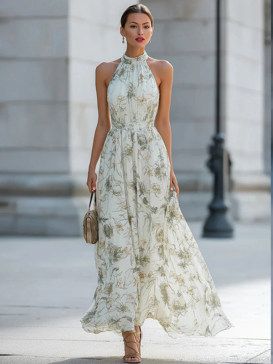2026 Summer Women's New Style Halter Neck Floral Dress Women's French Style Waist Swing Dress