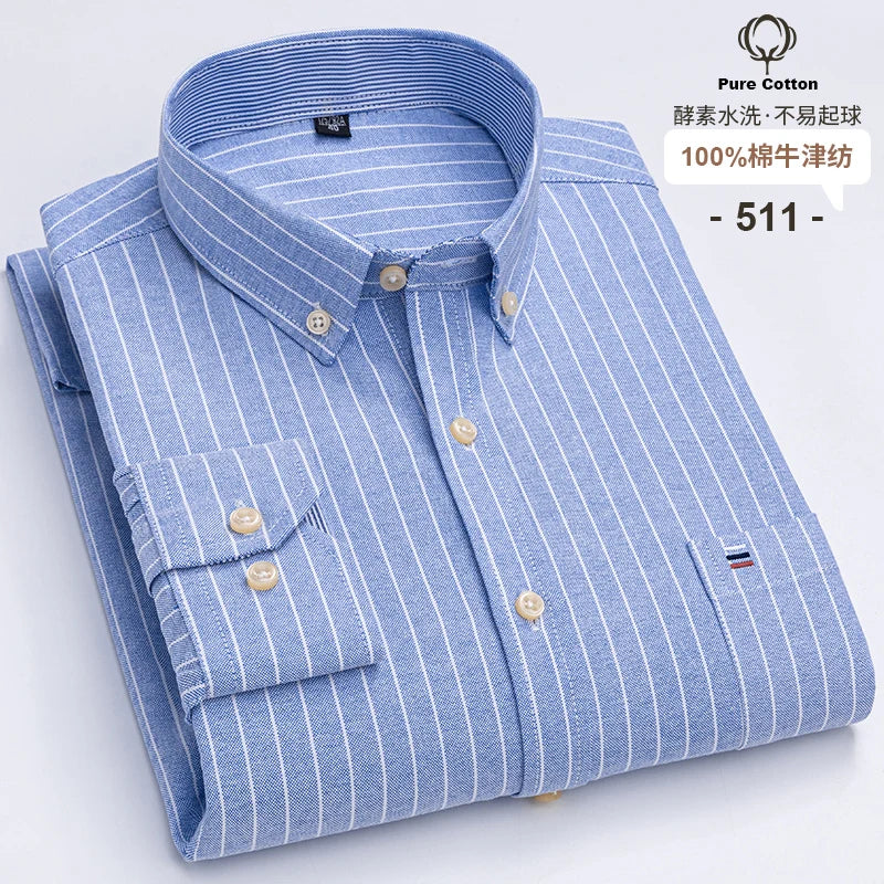 100% Cotton Oxford Men Shirts Long Sleeves Plaid Soft Regular Fit Formal Dress Shirt Pocket Social Blouse Male Clothes S-7XL