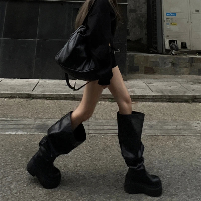 Pleated Slip-On Knee-High Boots – Square Heel