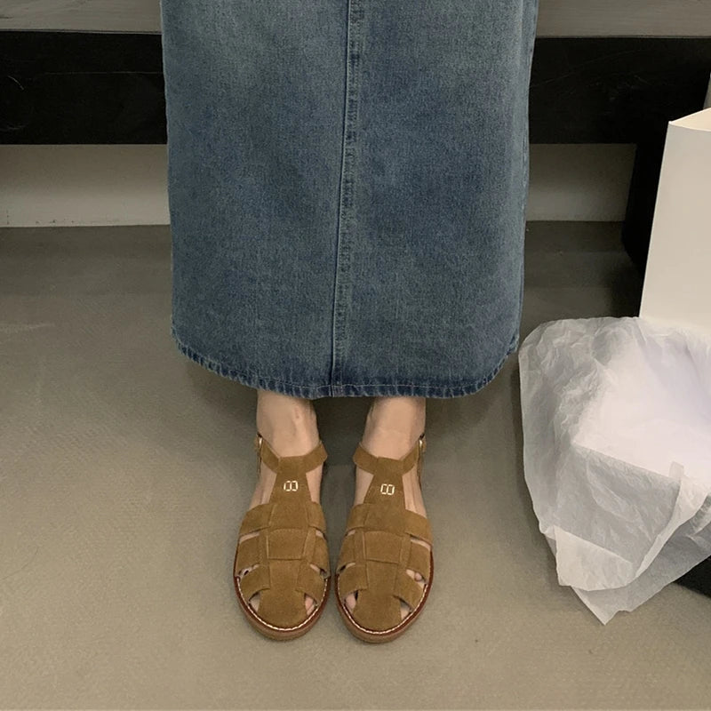 DIMANYU Women's Roman Sandals 2023 Summer New Flat Retro Real Leather Ladies Sandals Hollowed Women's Cage Shoes