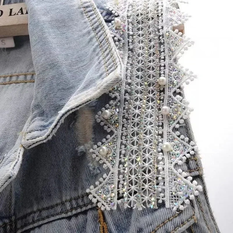 Lace Beaded Denim Vest – Loose Vintage Waistcoat
