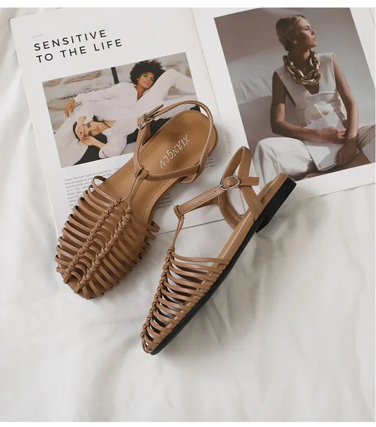 Band Flat Sandals Women Summer Round Toe Ankle Buckle Hollow Roman Sandal Plus Size Beach Shoe
