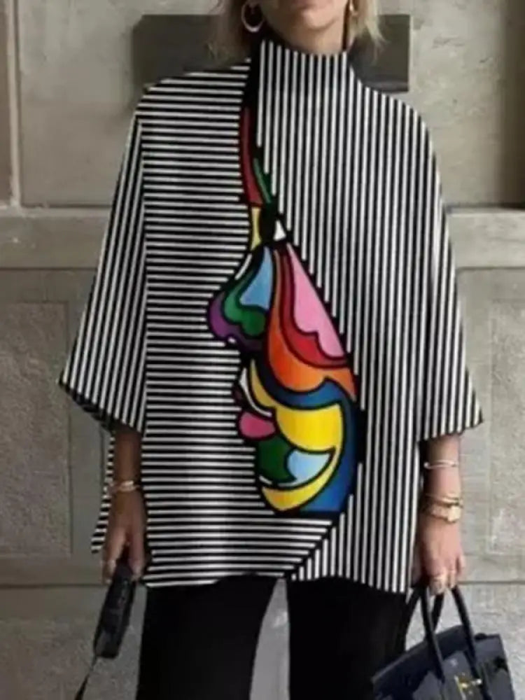 UOOZEE Fashion Women Striped Printed Stand Collar T-Shirts 2025 New Spring Summer Loose Casual Going Out Korean Style Tops