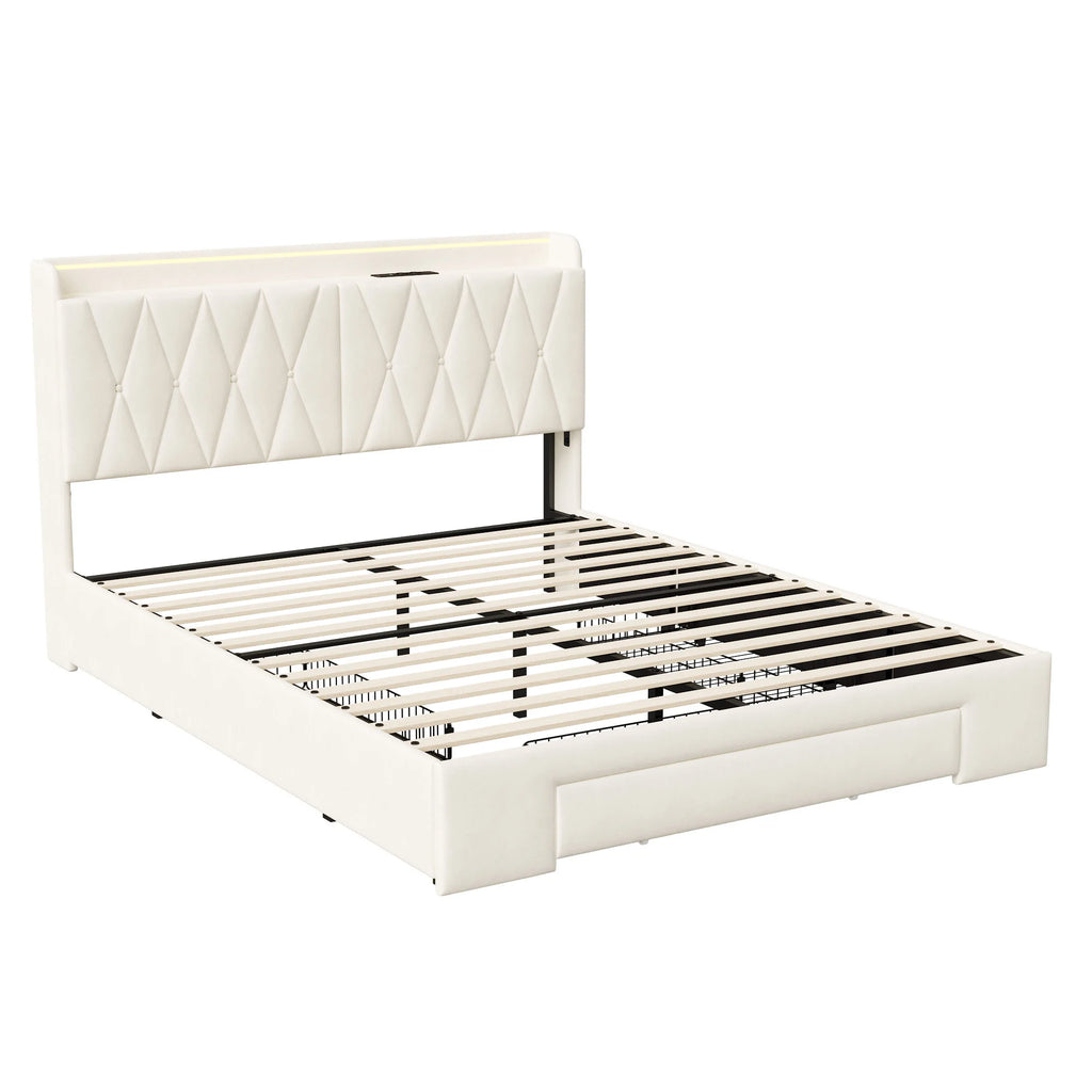 VELVET HAVEN - Upholstered Storage Bed - LED, USB Charging, 3 Drawers