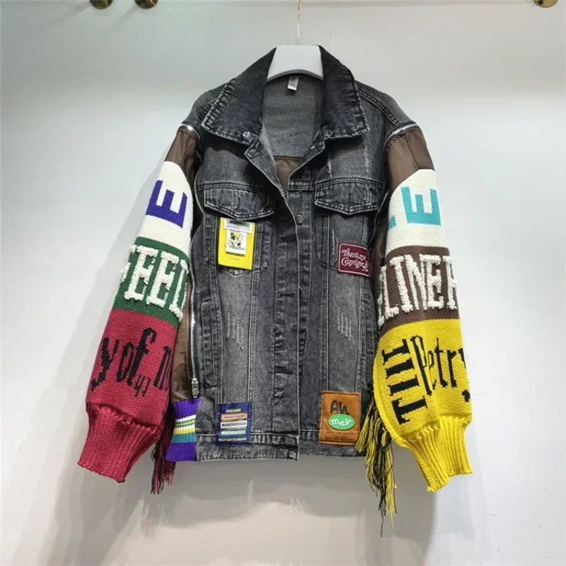 Embroidered Denim Jacket - Knitted Sleeves & Tassels