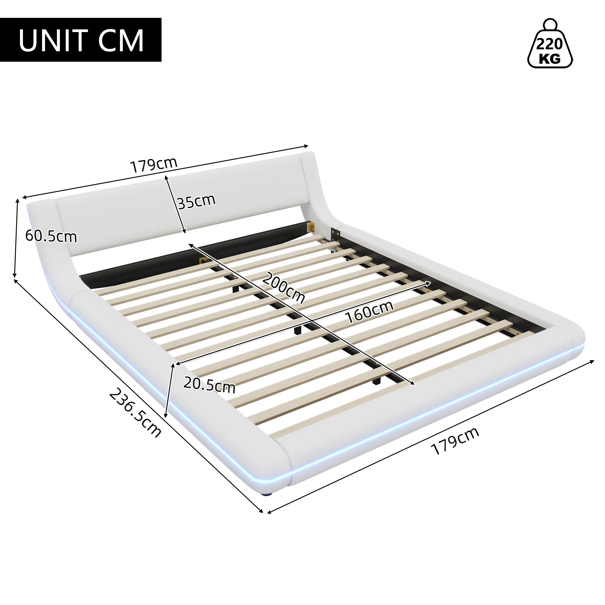 LED Floor Bed 160x200cm – RGB Remote, PU, White