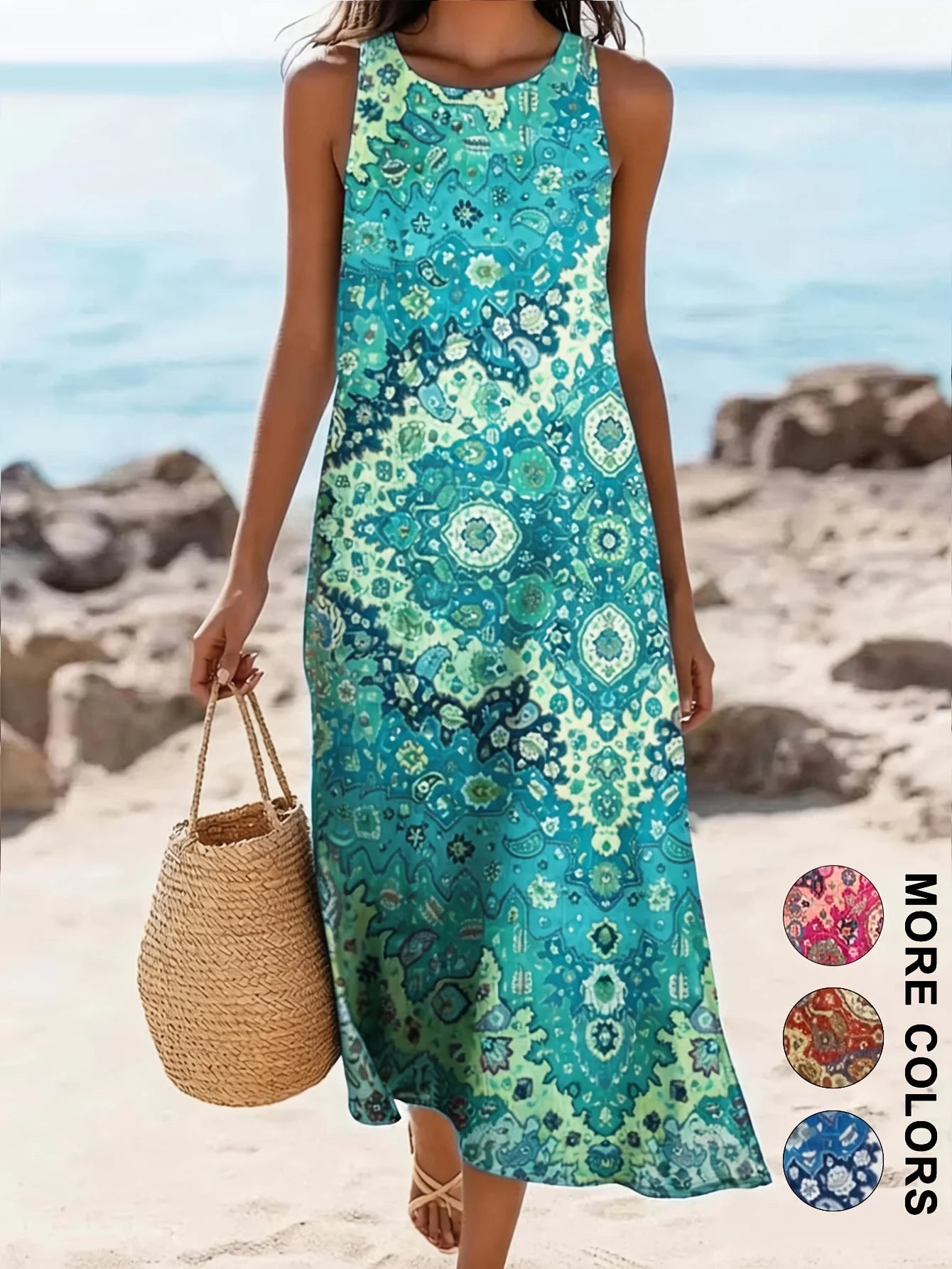 NEW Spring and Summer Vacation Style Paisley Pattern Women's Long Skirt Loose Sleeveless Fit Suitable Crew Neck Sleeveless Dress