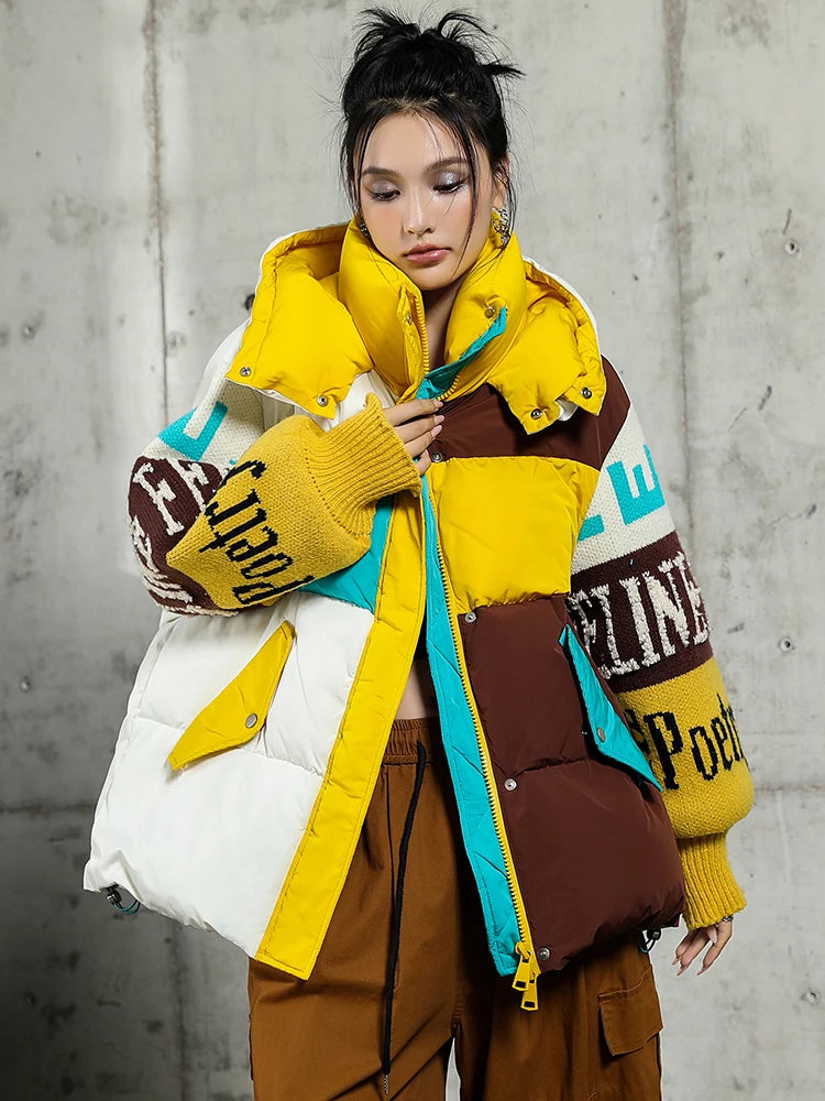 Letter Stitch Down Parka – Oversized Hooded Streetwear