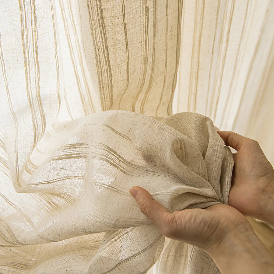 STRIPED SHEER CURTAINS - Soft Linen-Look Gauze Panel - Light & Airy