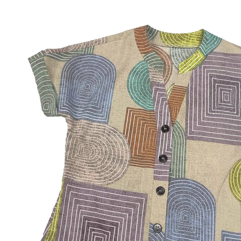 2025 European and American Women's Apparel Foreign Trade Amazon Summer Geometric Print Elegant V-Neck Button-Up Dress