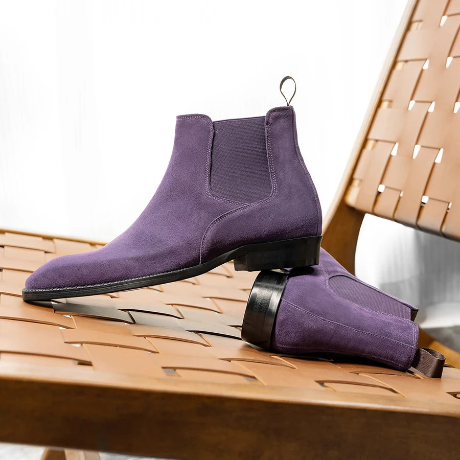 Men's Cow Suede Chelsea Boots - Square Toe Slip-On British Style Ankle Boots