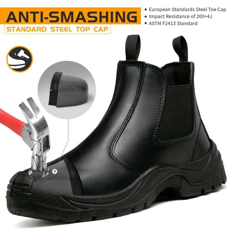 STEEL TOE WORK BOOTS - Men's Waterproof Slip-On Safety Boots - Puncture-Proof, Non-Slip