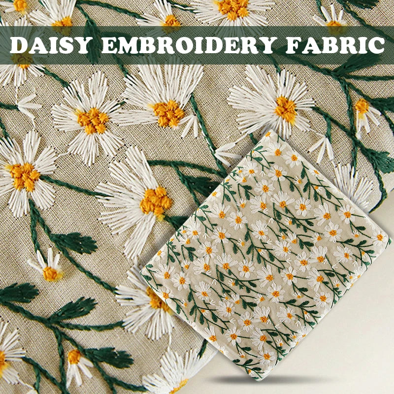Retro Daisy Embroidery Cotton Linen Fabric – 135cm Wide
