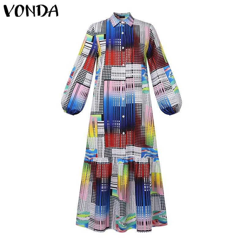 VONDA Plus Size 5XL Bohemian Printed Dress Autumn Women Elegant Long Sleeve Vintage Maxi Sundress Casual Button Loose Party Robe