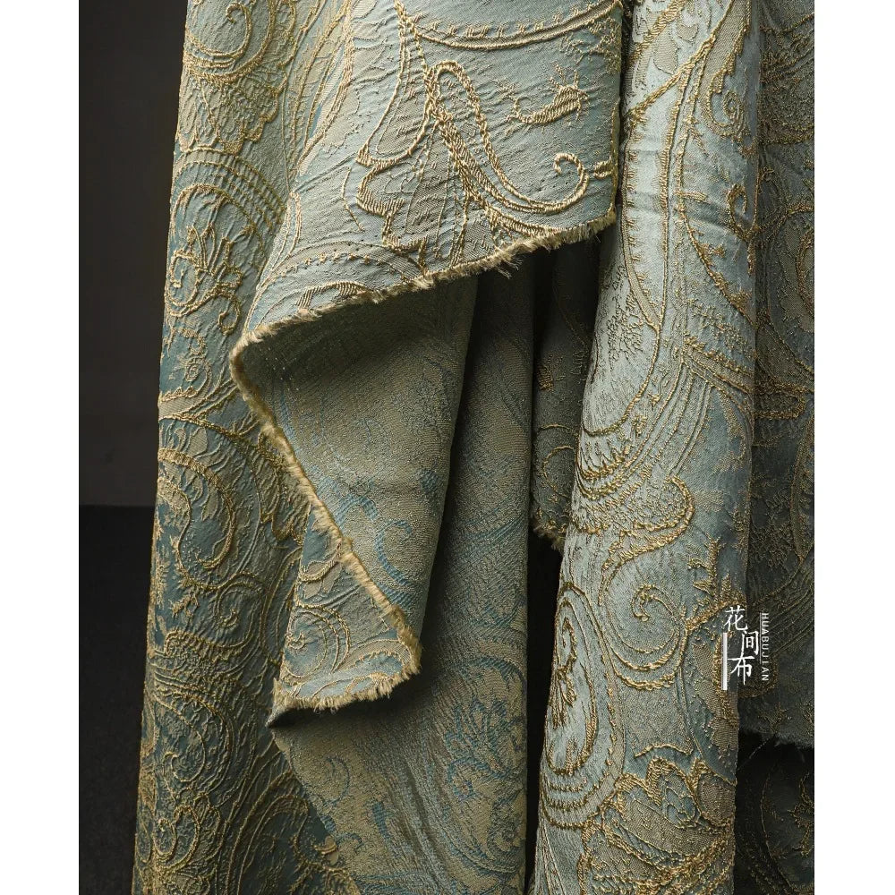 Blue Gold Jacquard Fabric – Silk Relief, 150cm Wide