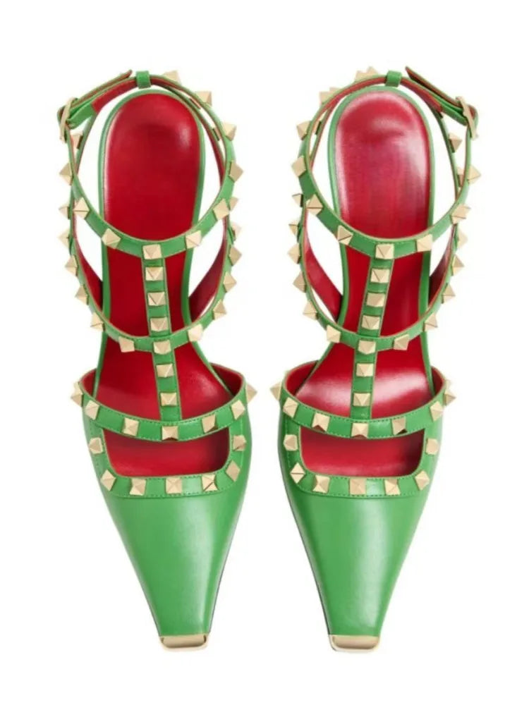 Studded High Heel Sandals – T-Strap Pointed Toe Stiletto Party Heels