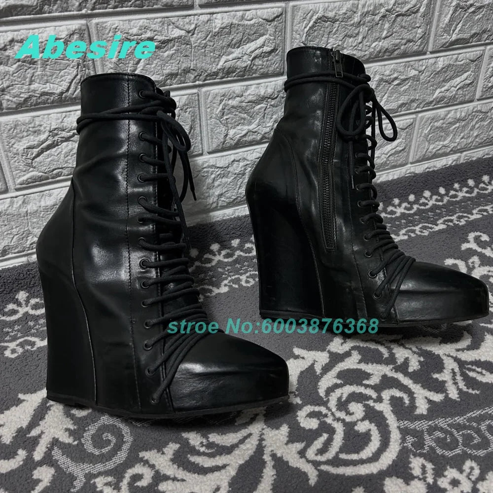 Patchwork Matte Leather Ankle Boots - Wedge Platform