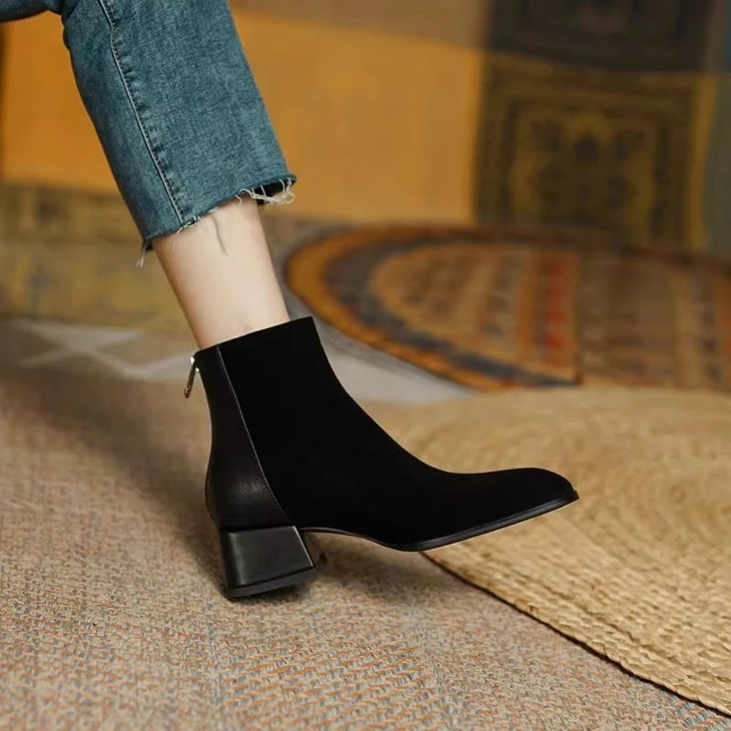 Faux Suede Boots – Round Toe Low Heel Back Zip Flannel Lined