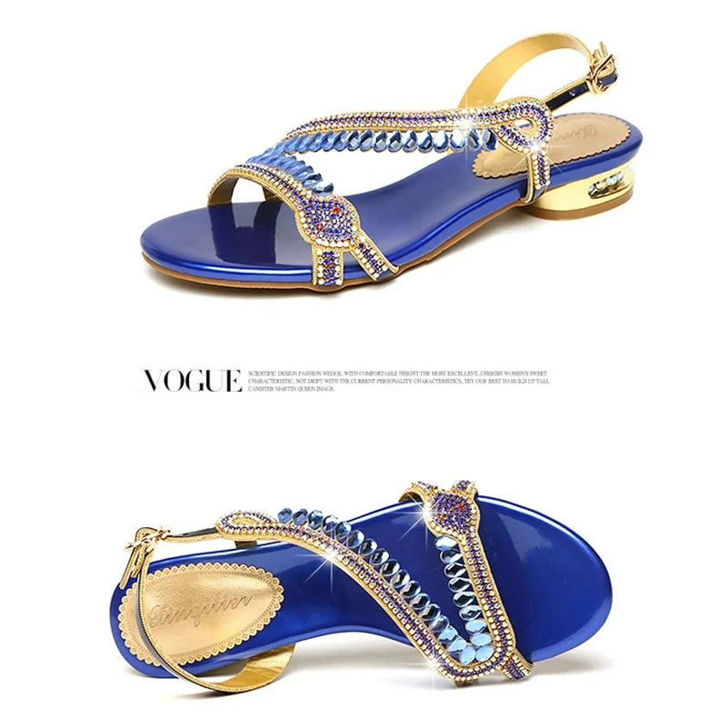 High-grade Rhinestones Fashion New Women's Summer Young Elegant Sandals Thick Heel Leisure Flat Bottomed Beach Sandals