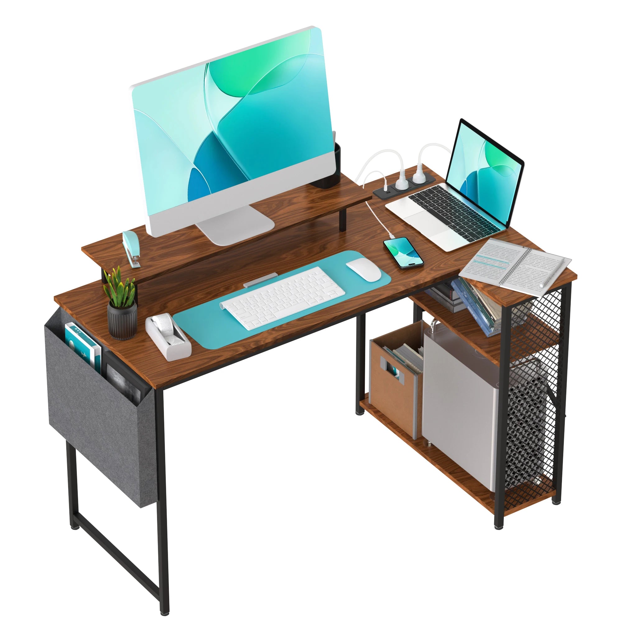 L-Shaped Corner Desk – Monitor Shelf, USB & Power Outlet