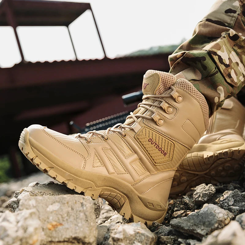 DUNE WALKER - Men's High-Top Leather Ankle Boots - Desert Combat Style