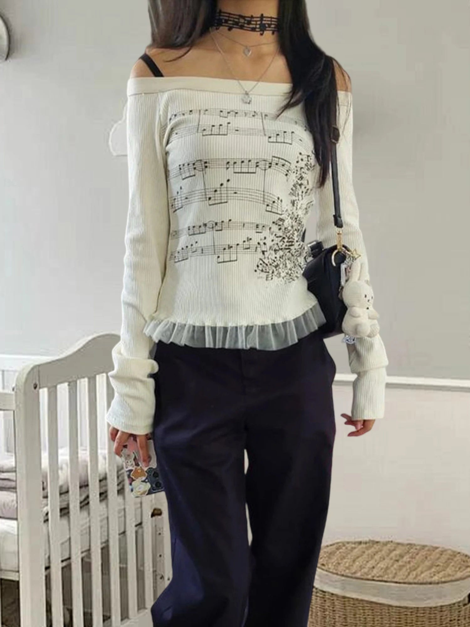 Women Y2K Graphic Long Sleeve Top Off Shoulder Music Score Tee Shirt Aesthetic Fairy Grunge T-Shirt 2025 Fall Streetwear
