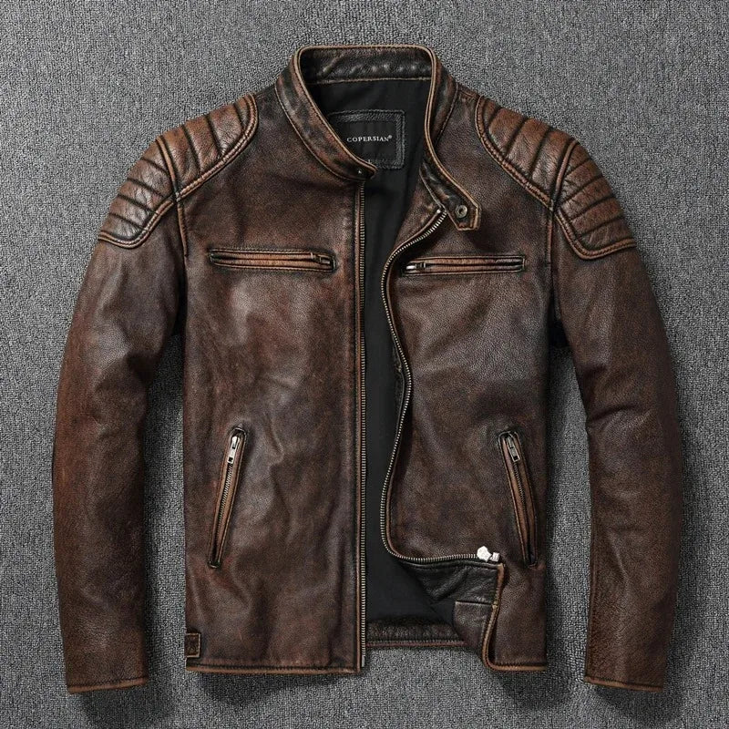 IRON HIDE - Men's 100% Genuine Cowhide Motorcycle Jacket - Stand Collar Biker Leather Coat Plus Size