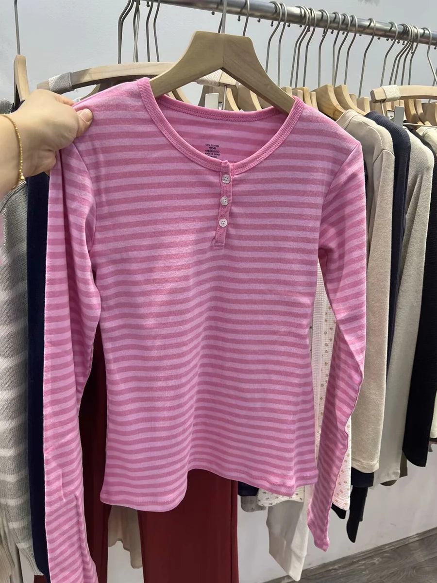 Vintage Striped Slim Long Sleeve T-shirts Autumn Casual Round Neck Streetwear Cotton Tees Women Classic Harajuku Button Tops Y2k