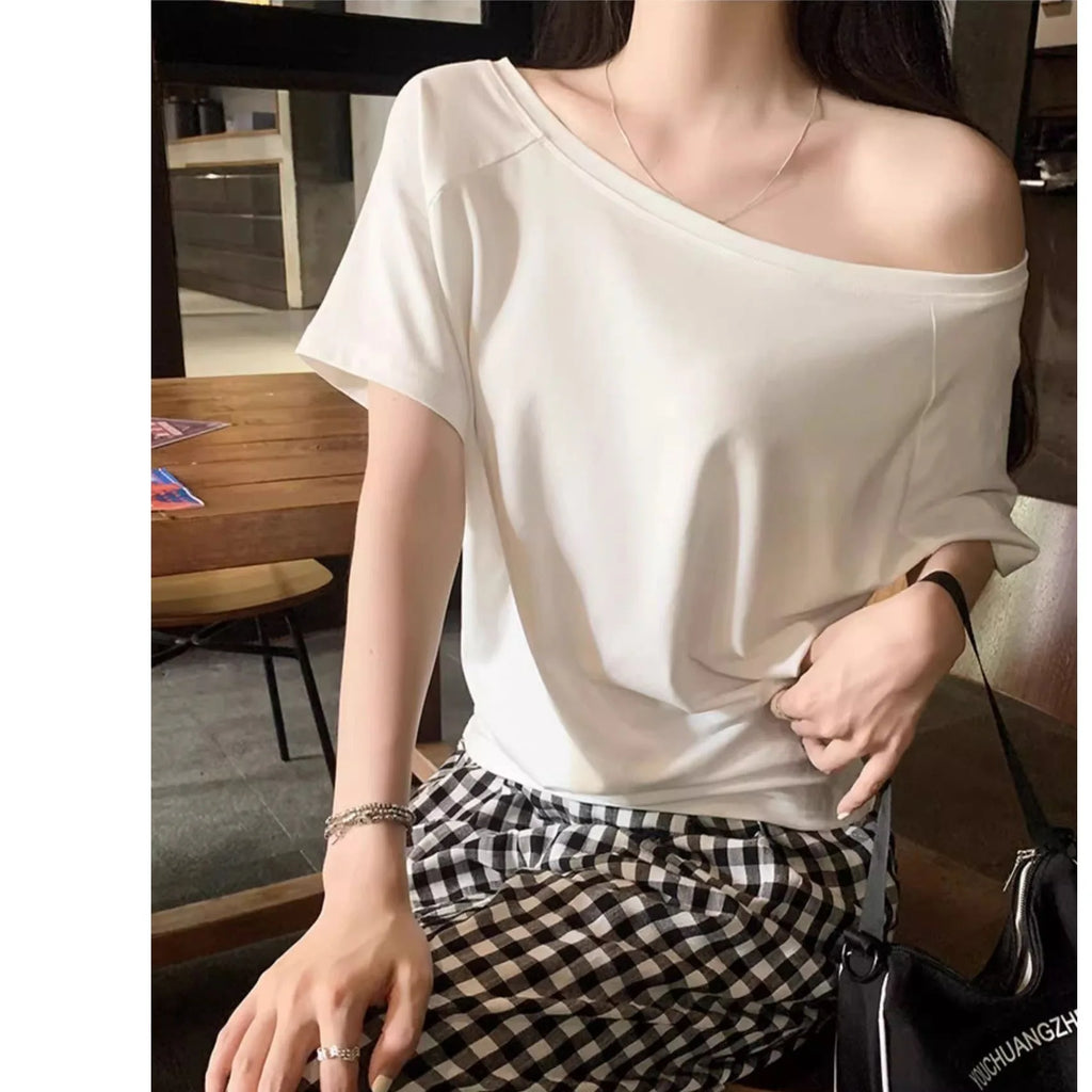 Autumn Winter One Shoulder Cotton Long Sleeve Slant Shoulder Women's Clothing Style Interior Wide Truffle Shoulder Base Shirt