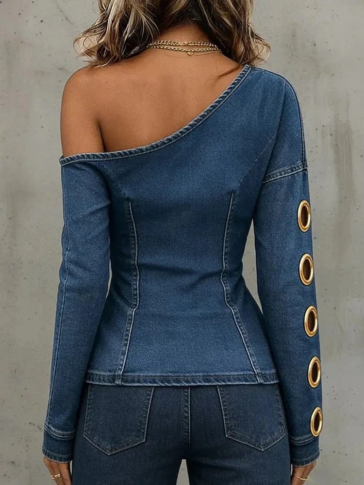 American Retro Denim Off-shoulder Top for Women Oblique Collar Long Sleeve Metal Ring Cut Out Blouses Slimming Street T-shirt